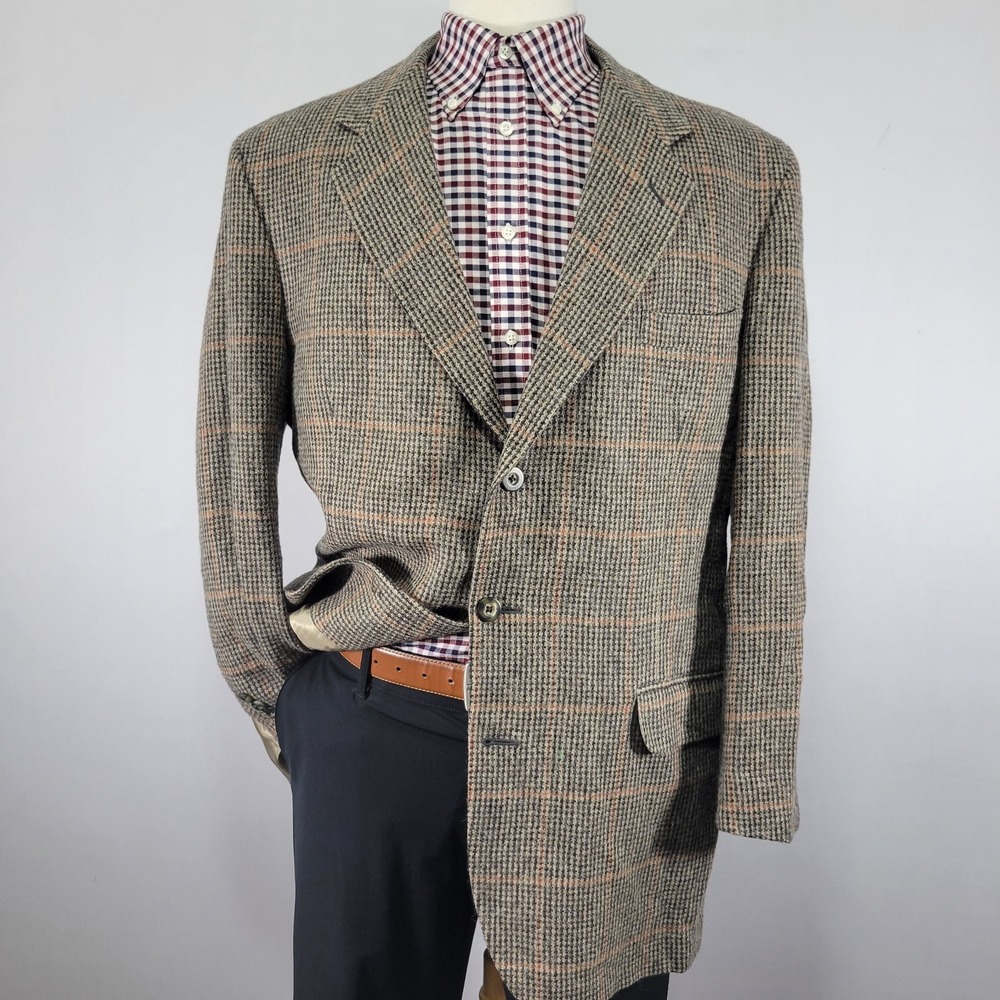 Hunt Club Men's Sport‎ Coat Blazer Three Button Tweed Brown Plaid Wool Size 44L
